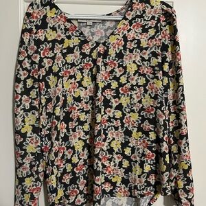 LOFT Pink and Yellow Long Sleeve Blouse with Buttoned Style